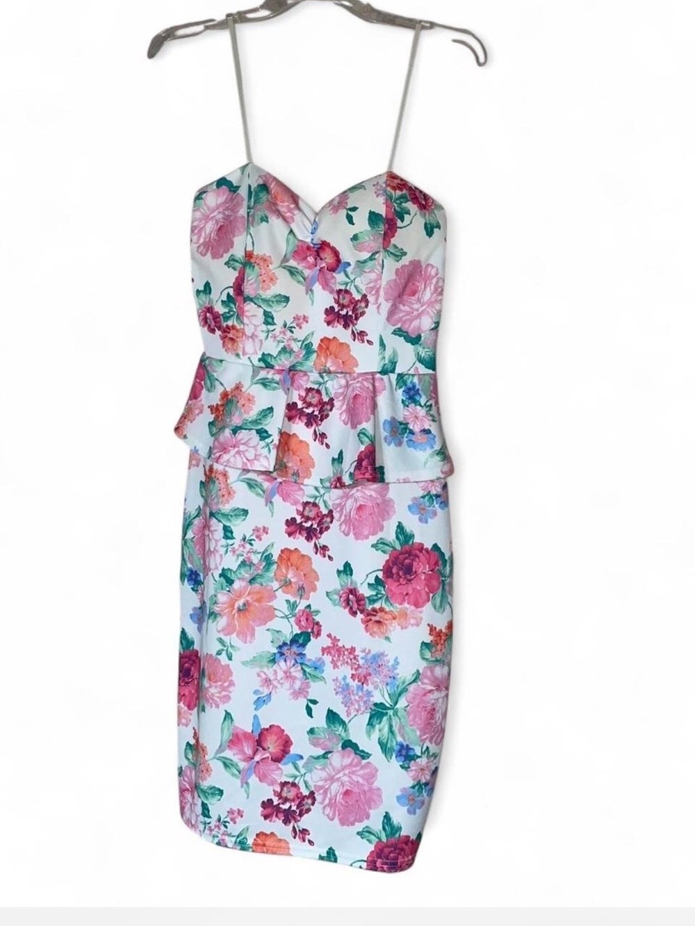 Floral Print Peplum Sheath Dress Sz 12 UK/ 8 US Adjustable Straps Cocktail Party